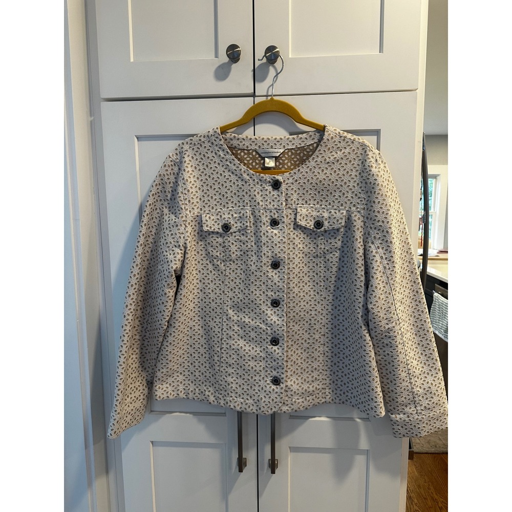 Christopher & Banks Women XL Tan White Eyelet Geometric Button Front Jacket